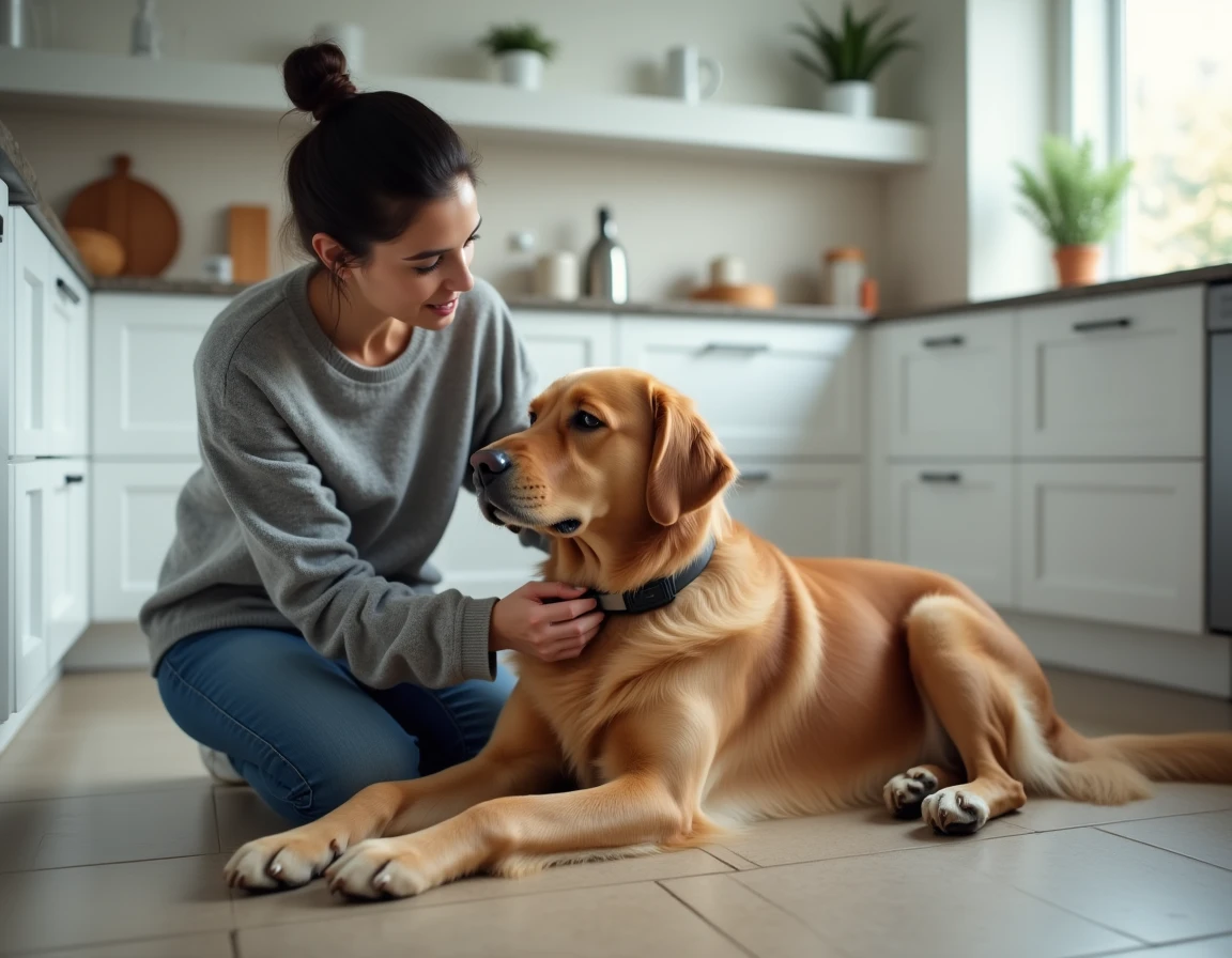 Femme ajustant un collier GPS sur son golden retriever dans une cuisine moderne au sol carrelé