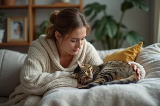 Femme d'âge moyen observant son chat endormi sur le canapé