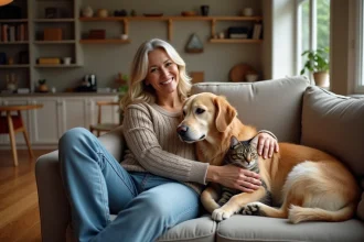 Femme souriante avec chien et chat dans le salon