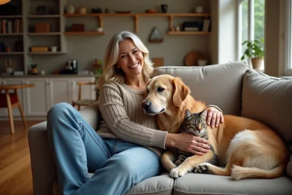 Femme souriante avec chien et chat dans le salon