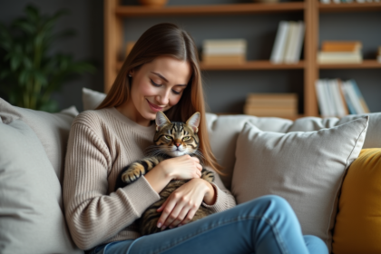 Femme assise avec un chat dans un salon chaleureux