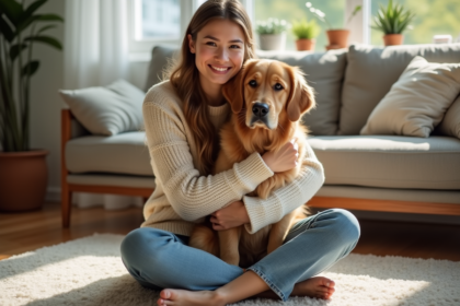 Jeune femme avec chien retriever dans un salon chaleureux