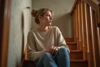 Femme assise sur un escalier en bois regardant une araignee