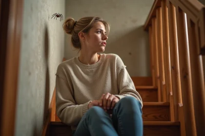 Femme assise sur un escalier en bois regardant une araignee