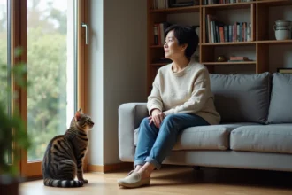 Femme assise avec chat dans un salon cosy