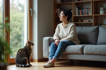 Femme assise avec chat dans un salon cosy