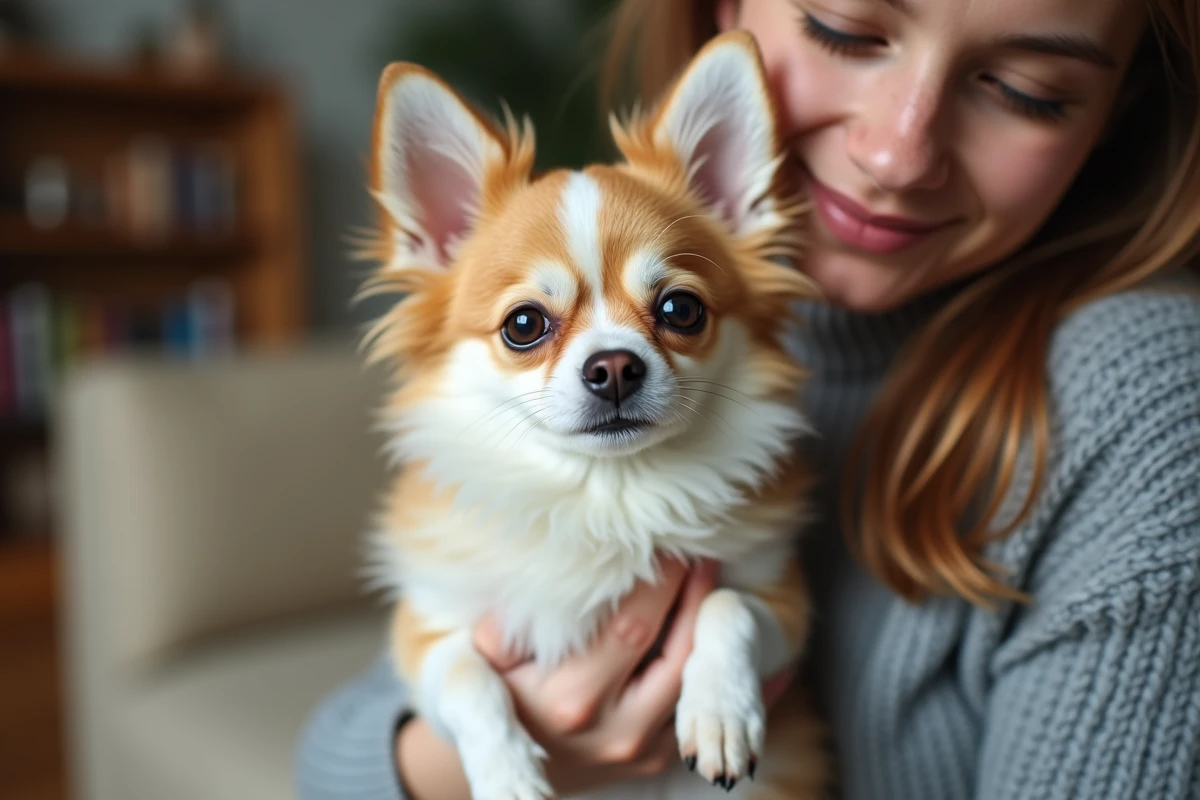 Jeune femme tenant dans ses bras un petit chien croisé Spitz chiwawa au pelage blanc et doré dans un salon chaleureux
