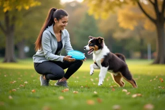 Jeune femme avec frisbee dans un parc avec son chien