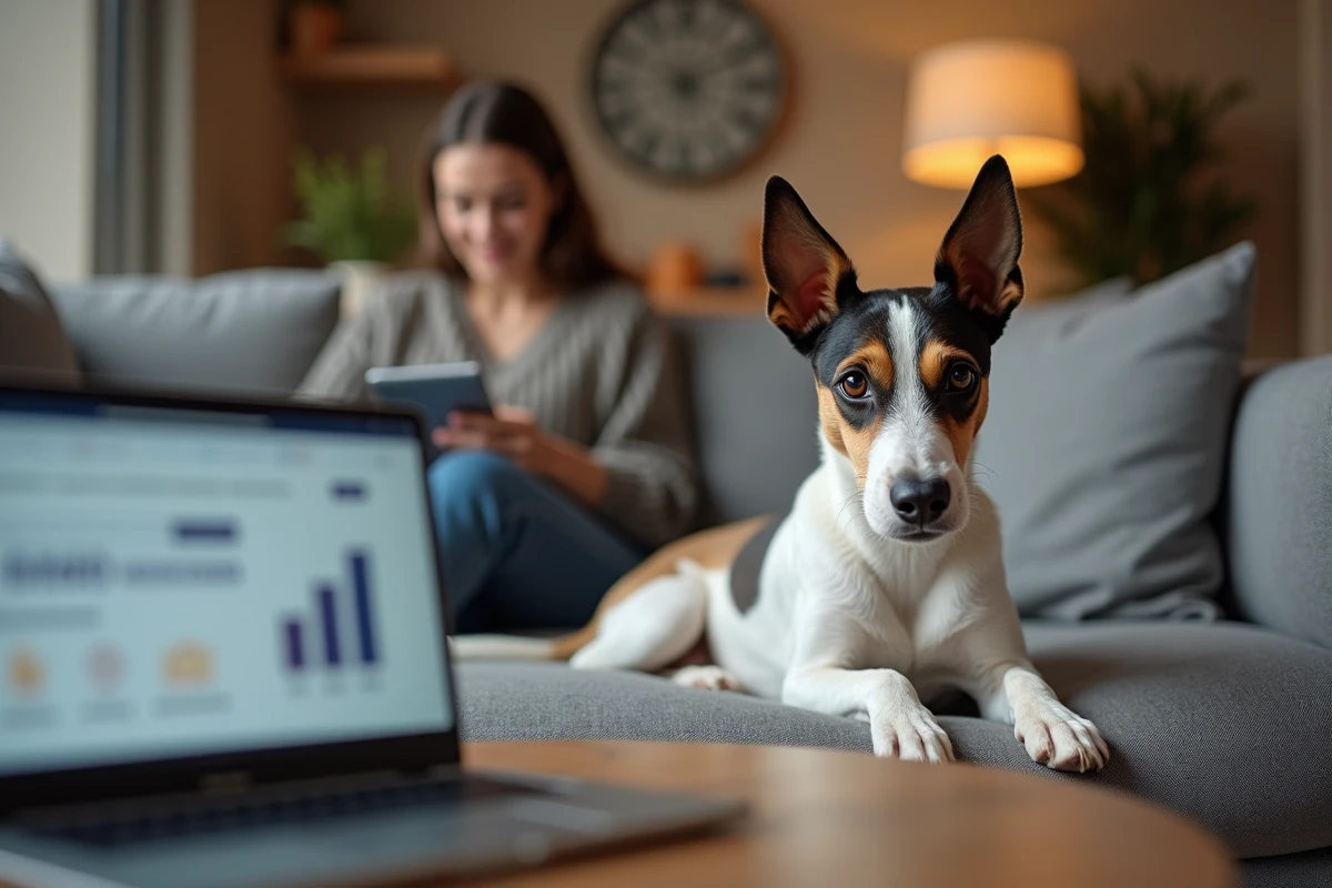 Fox Terrier à poil court allongé sur un canapé pendant que sa propriétaire compare des offres d'assurance chien en ligne