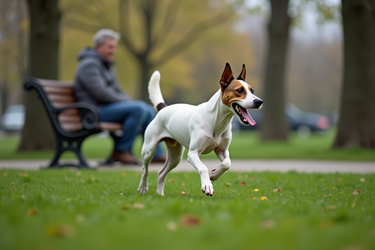 Fox Terrier à poil court courant dans un parc urbain sous la surveillance de son propriétaire, scène de vie pour article assurance chien
