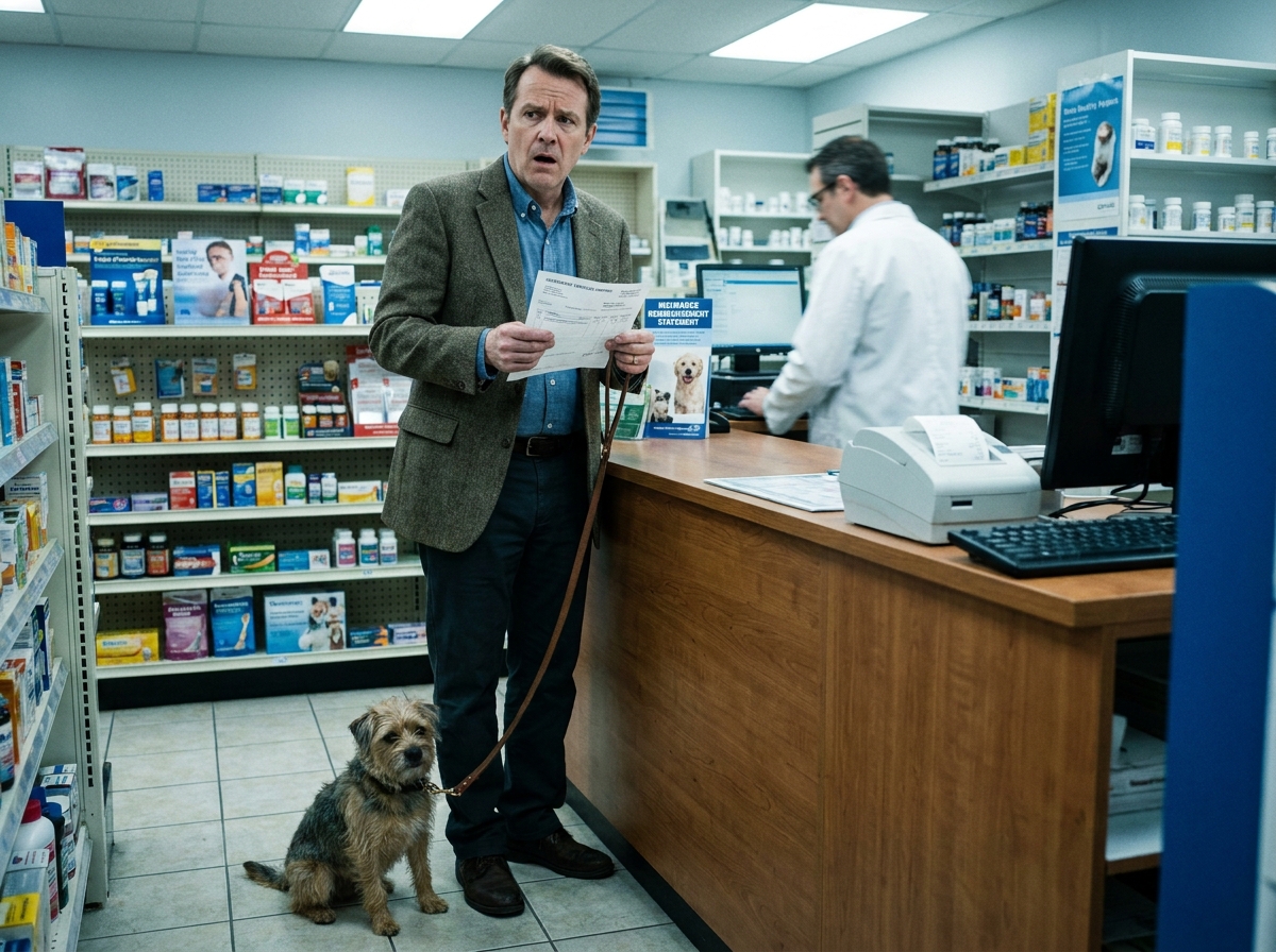 Un homme compare une facture vétérinaire et un relevé de remboursement d'assurance au comptoir d'une pharmacie, réalisant l'écart entre le taux affiché et la franchise réelle.