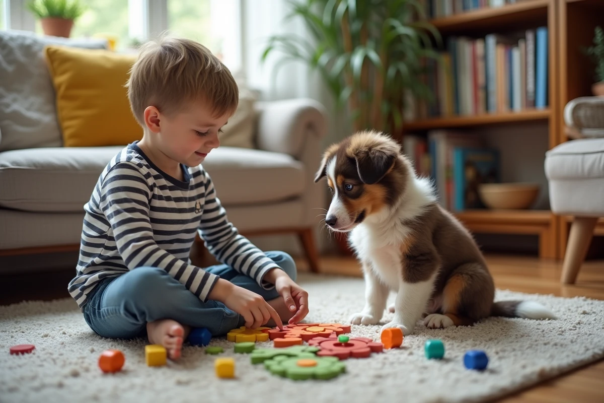 Garçon jouant avec son chien dans le salon chaleureux