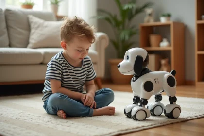 Jeune garçon observe un robot chien dans son salon