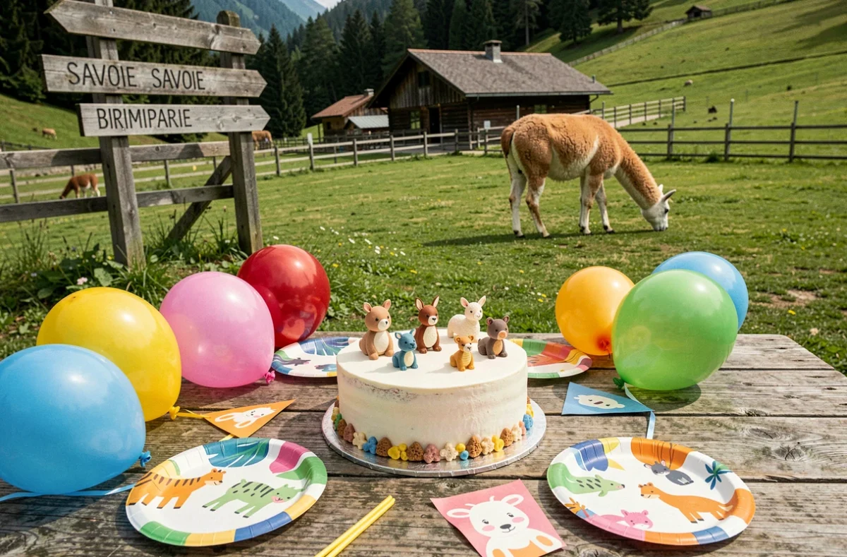 Gâteau d'anniversaire sur table en bois avec décorations animaux dans un parc animalier en Savoie avec lama en arrière-plan