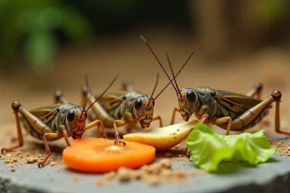 Grillons mangeant des morceaux de carotte, laitue et pomme sur un substrat naturel dans un terrarium