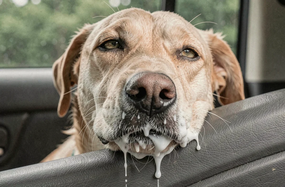 Gros plan sur la bave mousseuse blanche autour de la gueule d'un chien en voiture souffrant du mal des transports