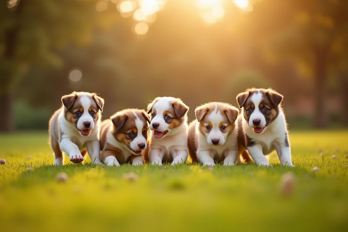 Groupe de chiots Australian Shepherd jouant dans un parc