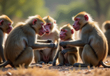 Groupe de babouins en plein jour avec interaction sociale
