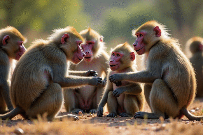 Groupe de babouins en plein jour avec interaction sociale
