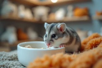 Hamster russe dans une animalerie avec étiquette de prix visible en arrière-plan flou