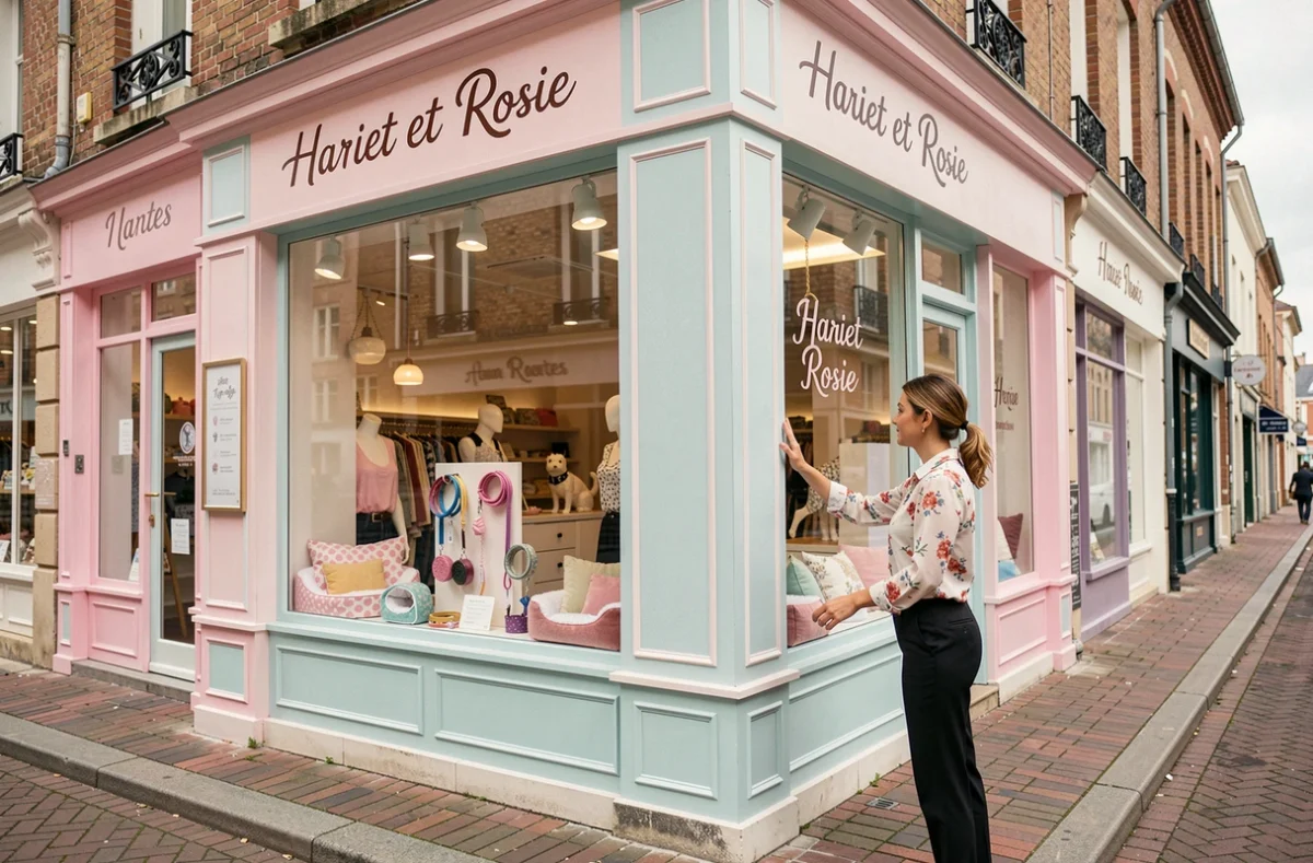 Devanture colorée de la boutique Hariet et Rosie à Nantes avec une employée arrangeant une vitrine d'accessoires pour animaux