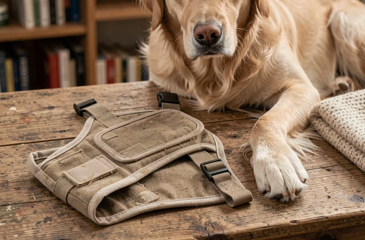 Harnais pour chien posé sur une table en bois avec la patte d'un Golden Retriever visible, vue en plongée