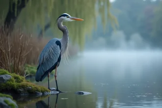 Héron cendré immobile au bord d'une rivière calme dans la brume matinale, symbole de patience et de contemplation