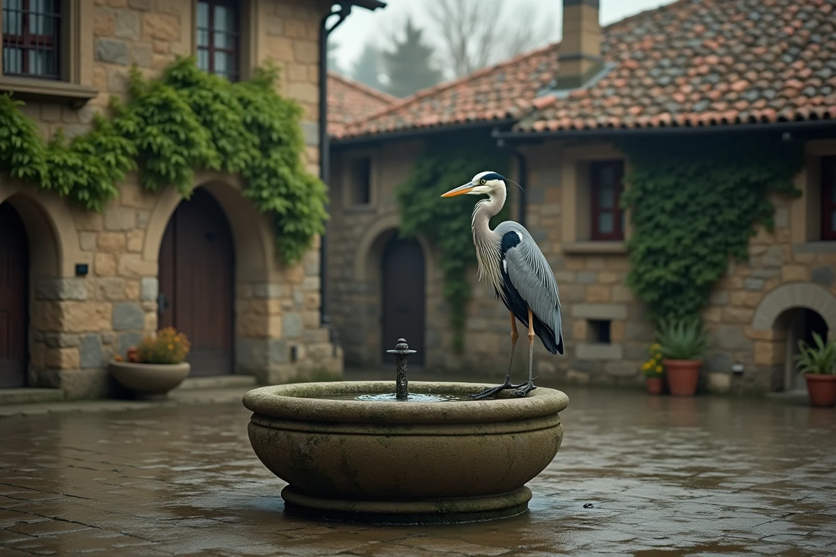 Héron perché sur une fontaine en pierre dans une place de village européen, évoquant la symbolique de la solitude et de la sagesse