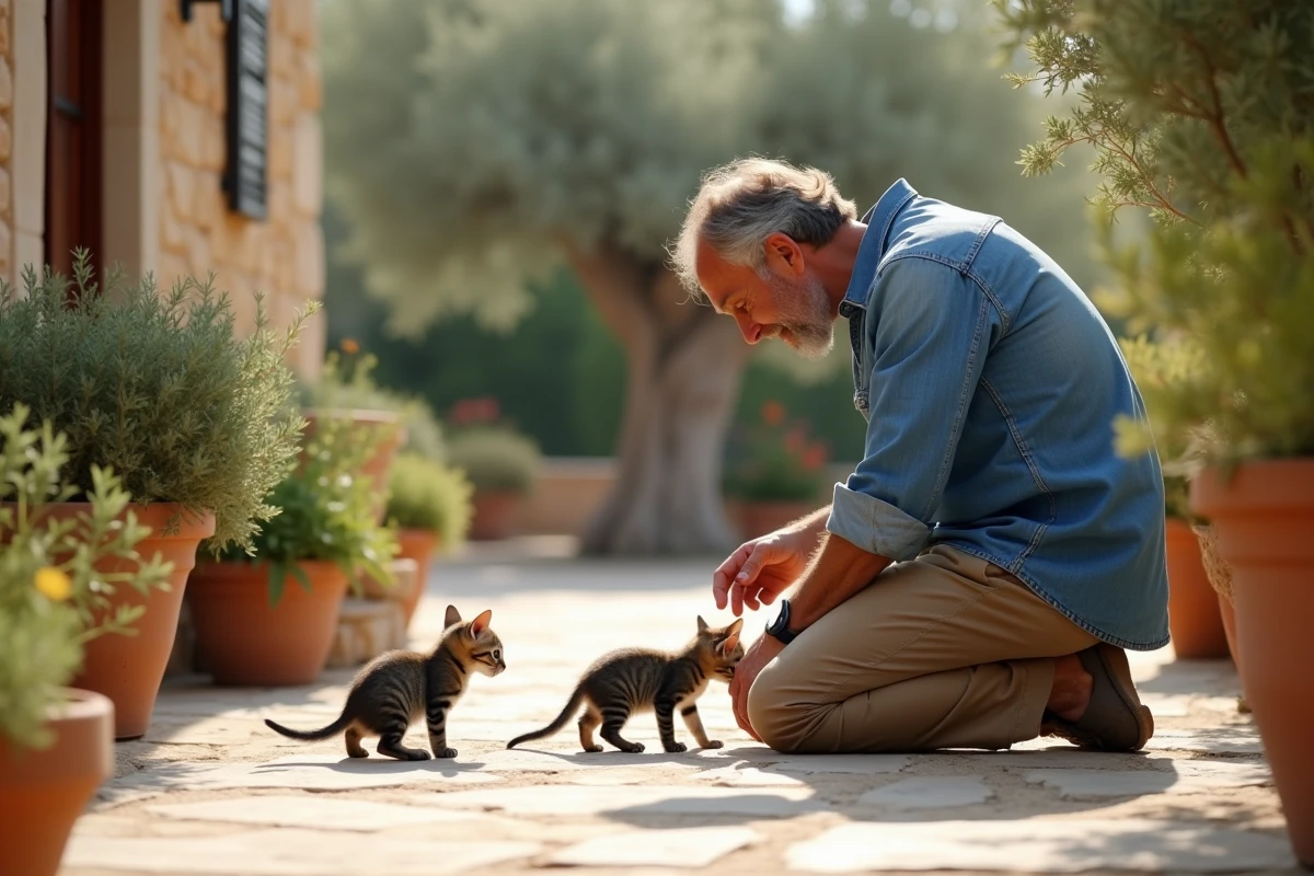 Homme en train d'adopter deux chatons dans un jardin méditerranéen typique de la région de Toulon