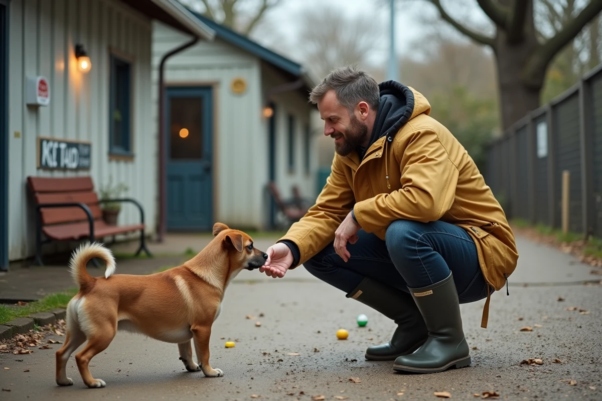 Homme avec un chien dans la cour d