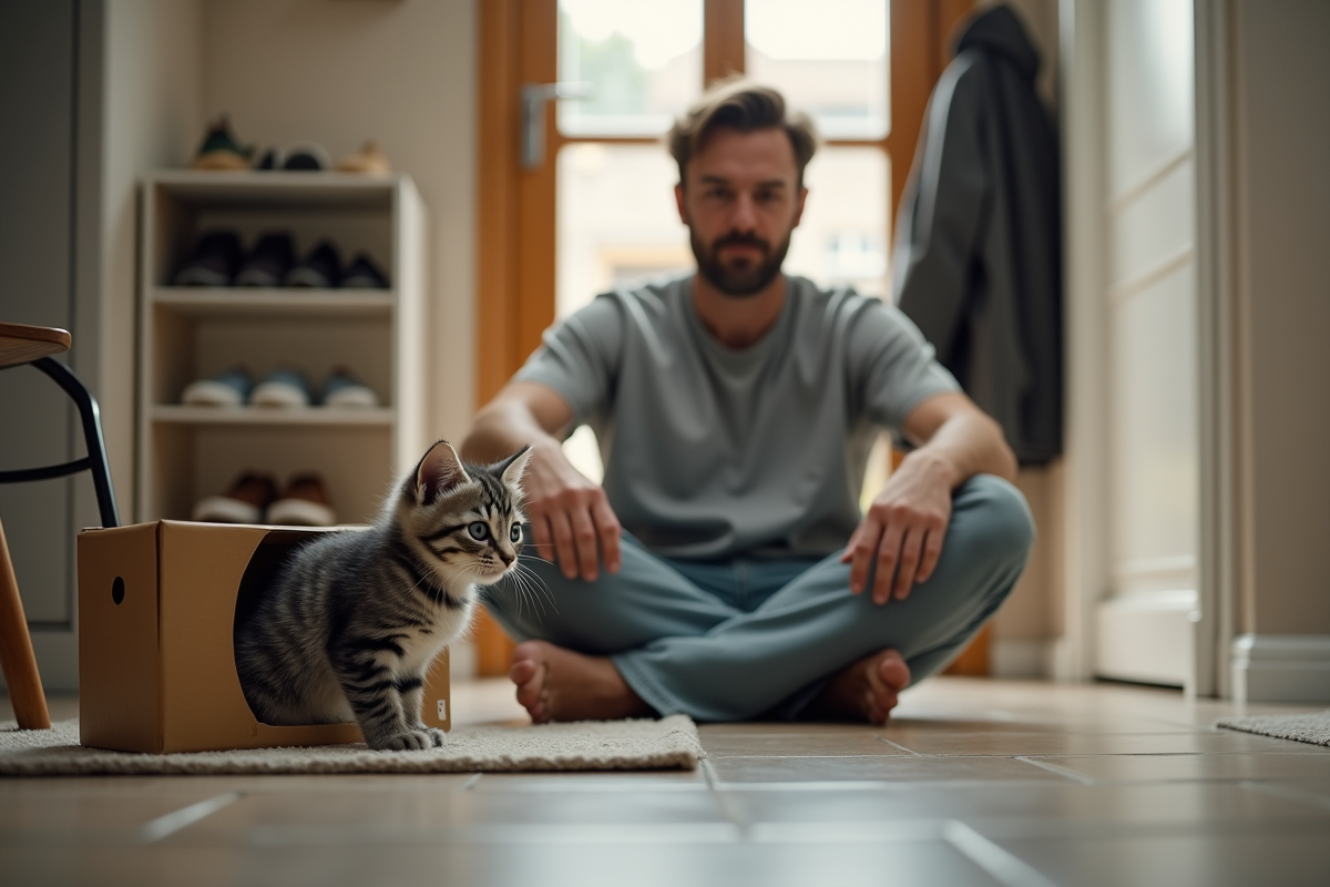 Homme regardant un chaton dans une entrée moderne et accueillante