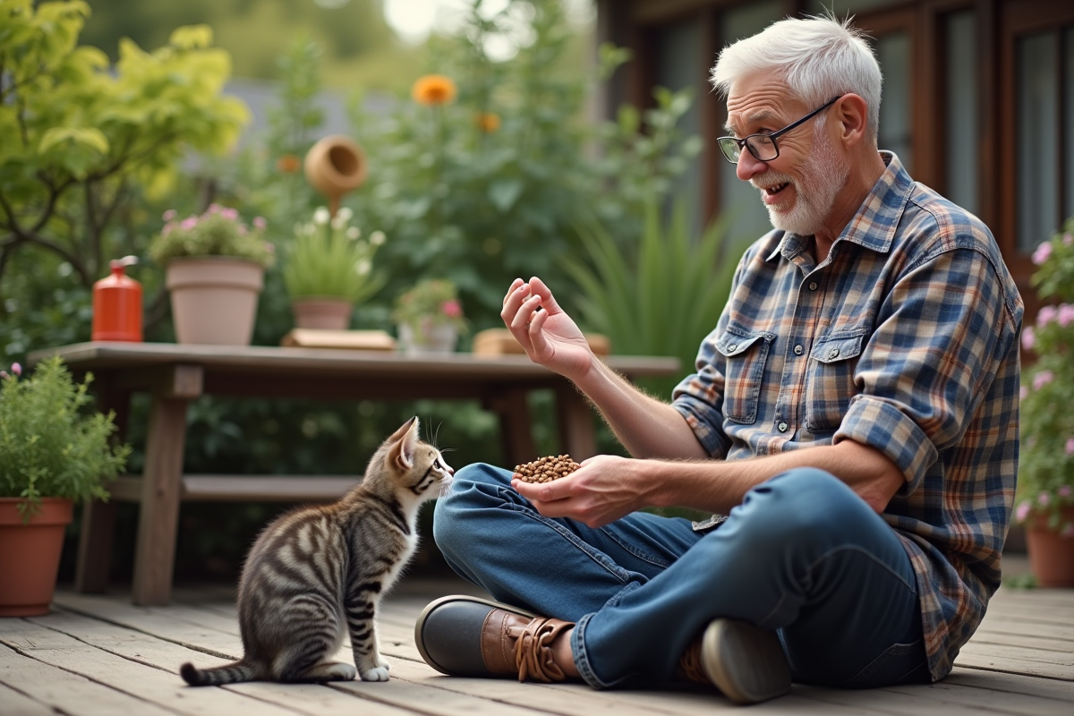 Homme avec un chaton dans un jardin en terrasse