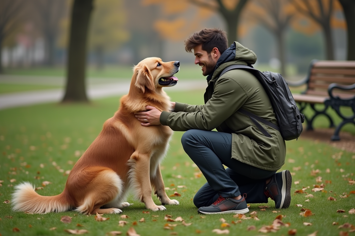 Jeune homme caressant un chien dans un parc calme