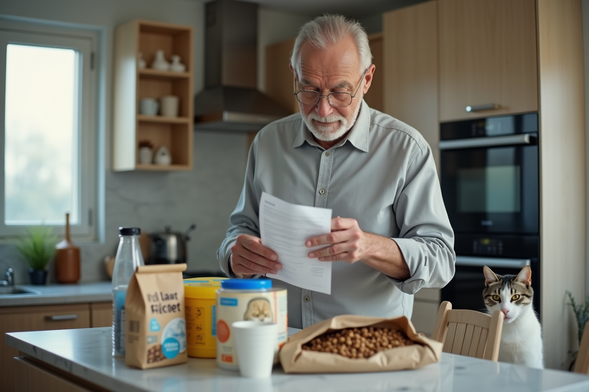 Homme vérifiant un reçu avec un chat à côté dans la cuisine