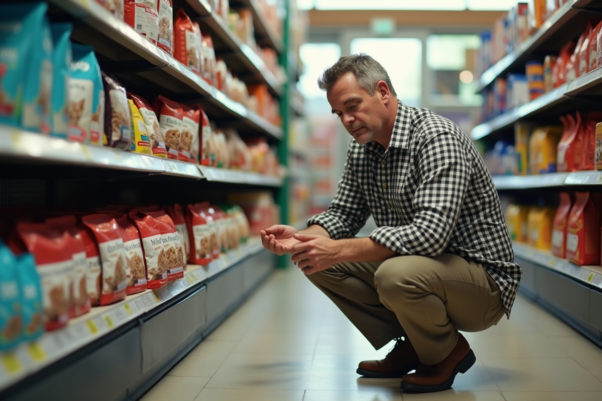 Homme examine sacs de nourriture pour chat en magasin