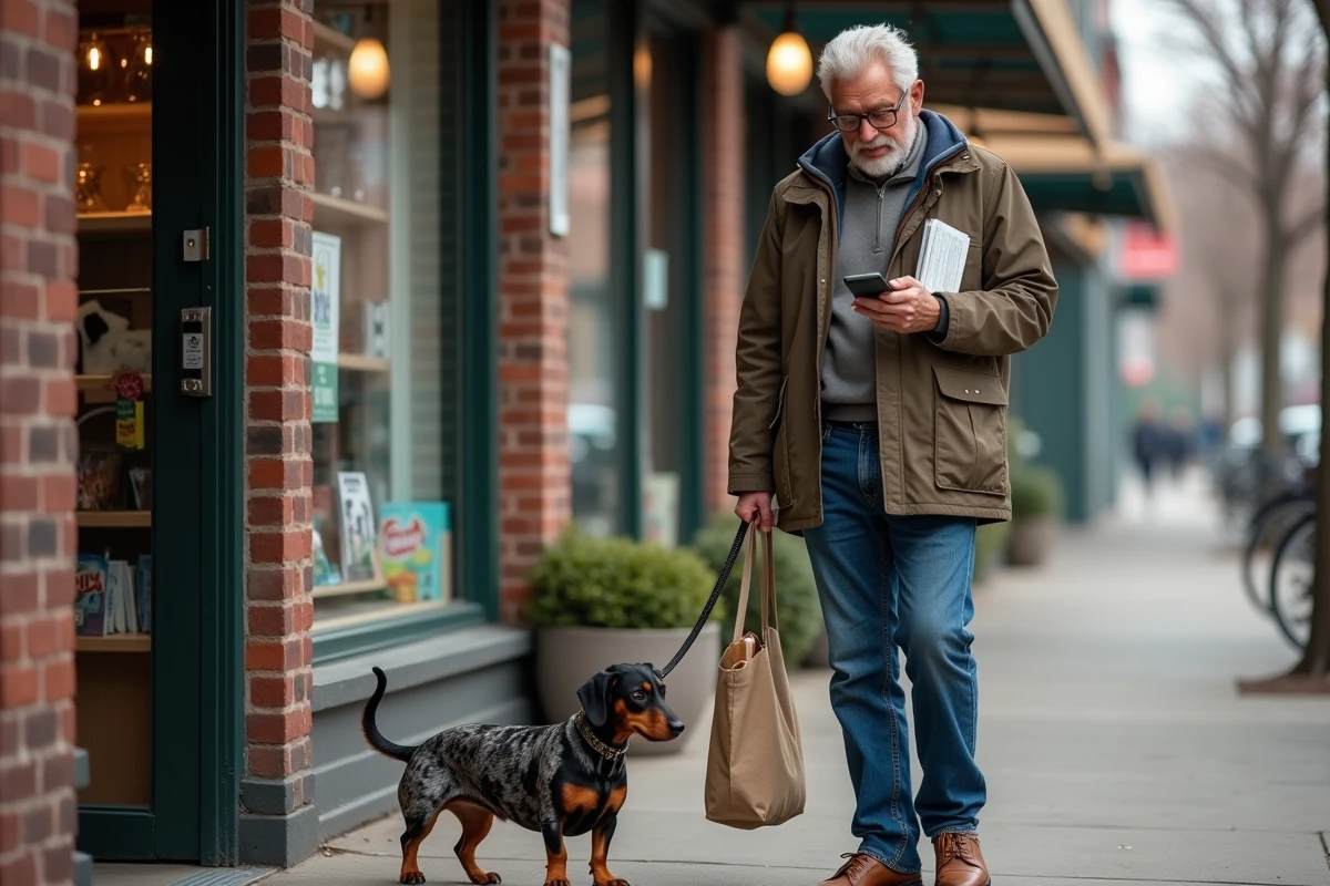 Homme vérifiant son téléphone avec son chien dans la rue urbaine