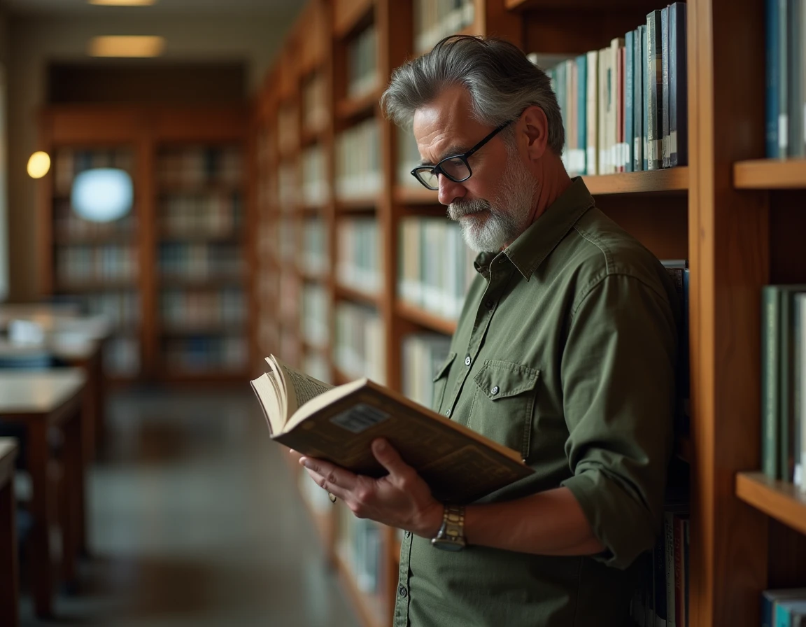 Homme consultant un guide des animaux exotiques en X dans une bibliothèque