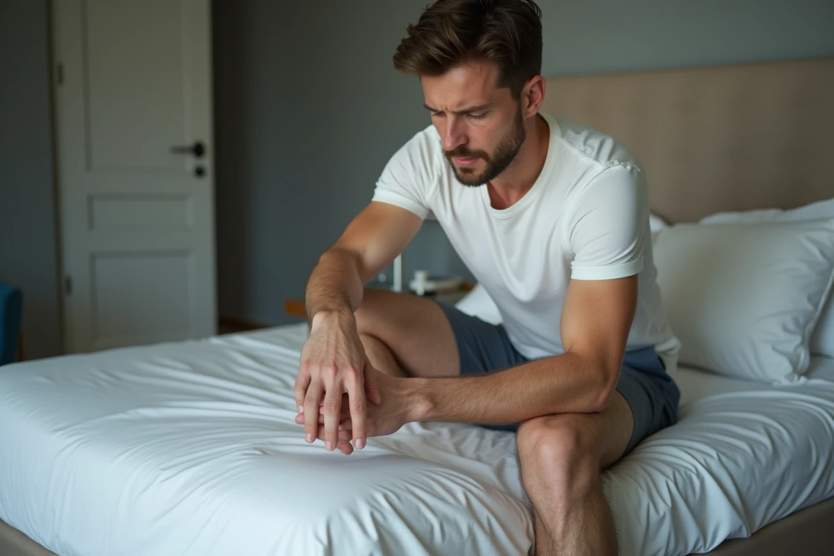 Homme regarde des taches rouges sur son bras