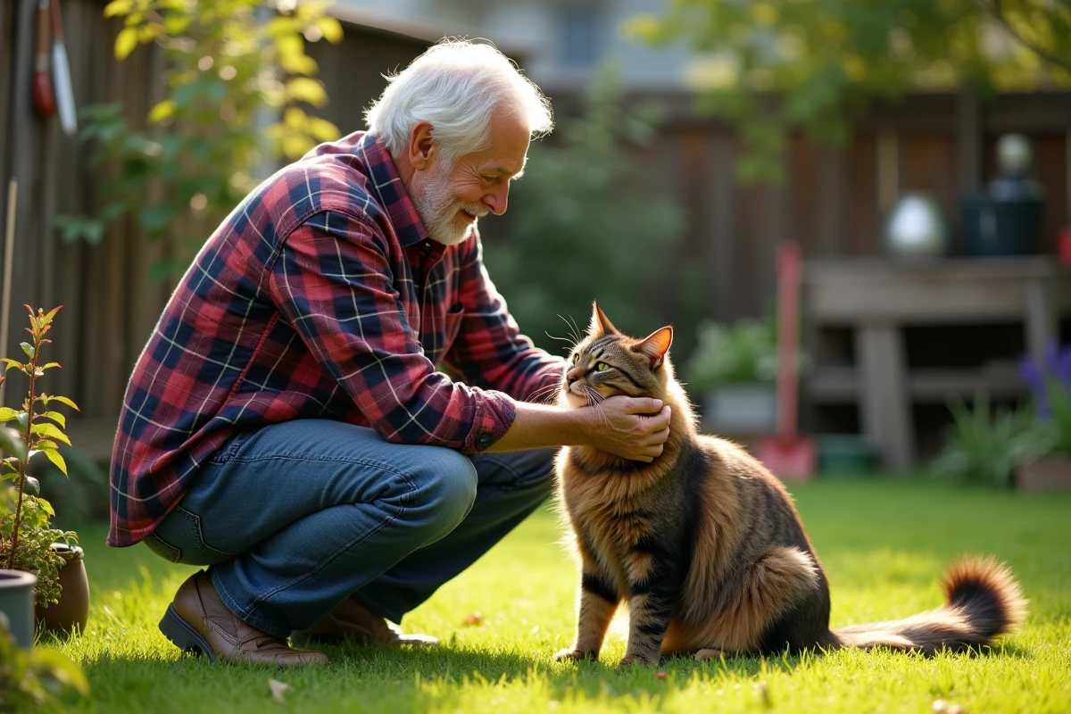 Homme âgé caressant un chat dans un jardin ensoleille