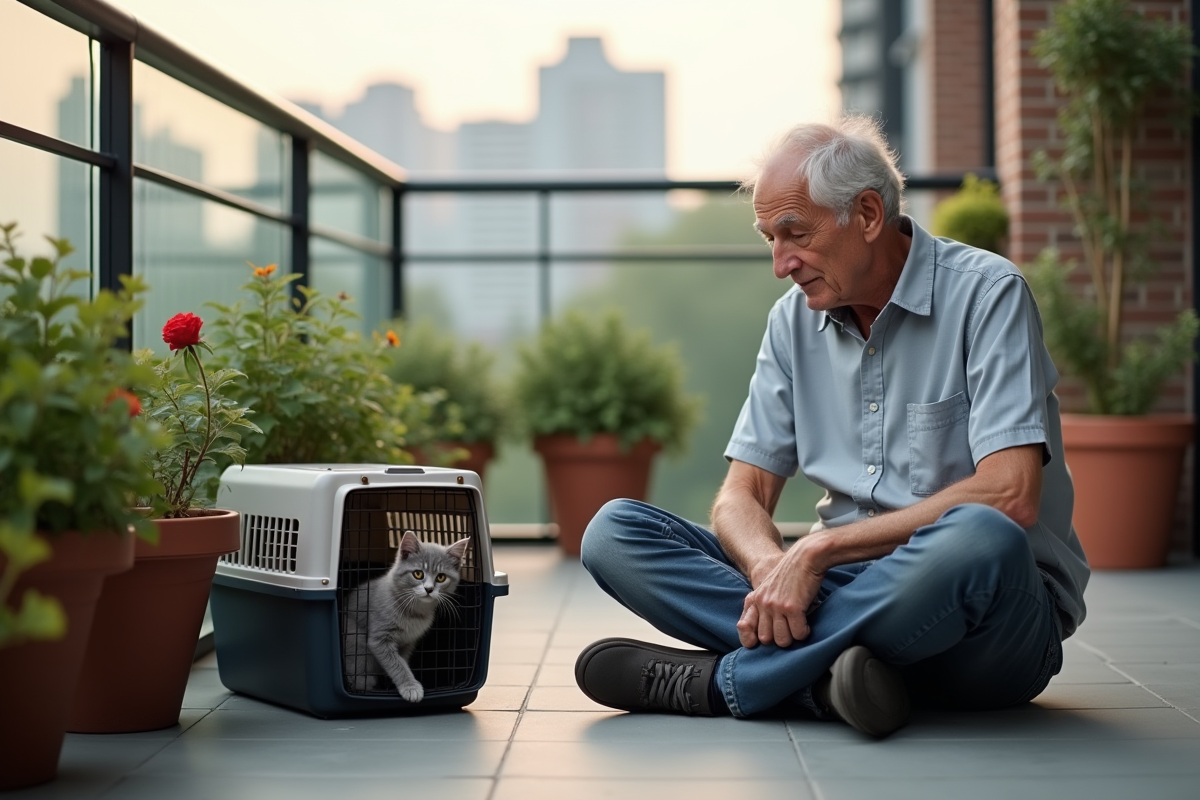 Homme âgé avec chaton sur un balcon urbain