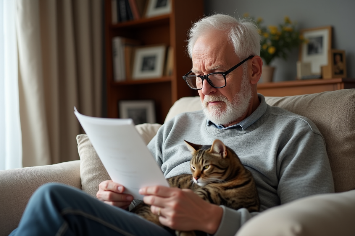 Homme âgé tenant son chat et lisant une notice de médicament