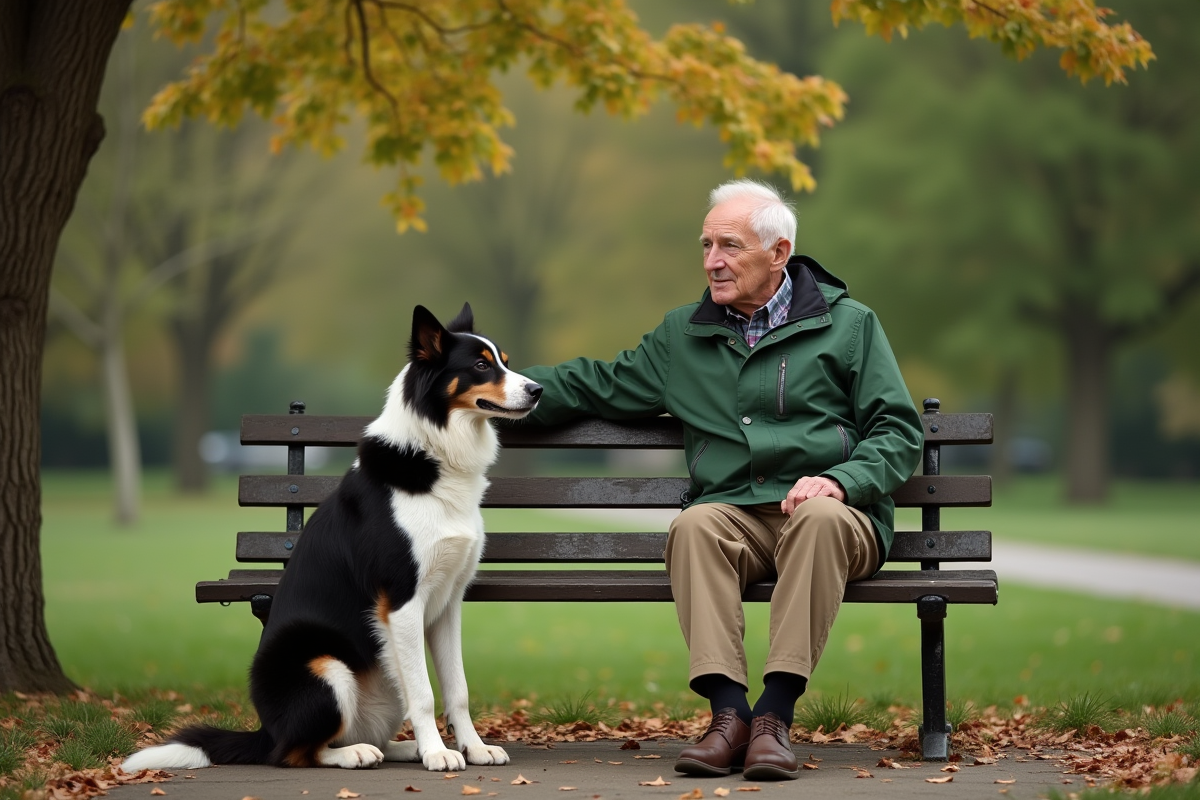 Homme âgé avec border collie dans un parc verdoyant