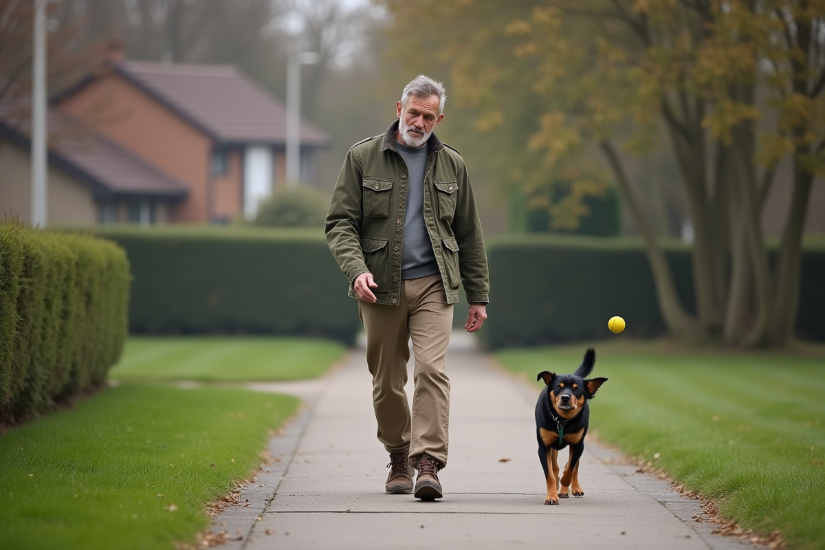 Homme promenant son chien dans un parc suburbain