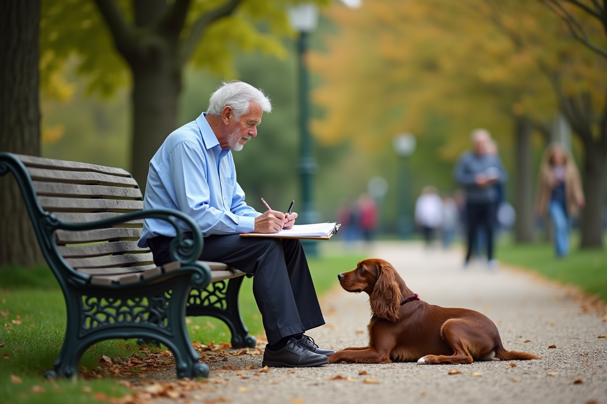 Homme âgé avec chien dans un parc en train de remplir papier
