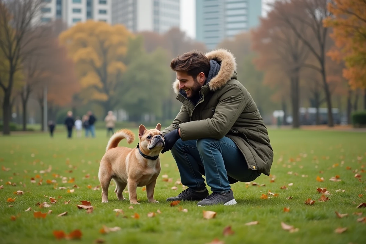 Jeune homme jouant avec chien et chat dans le parc