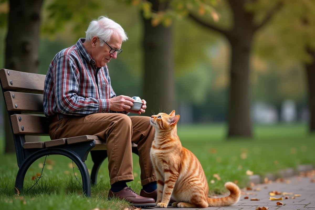 Homme âgé donnant de la pâtée à son chat dans un parc