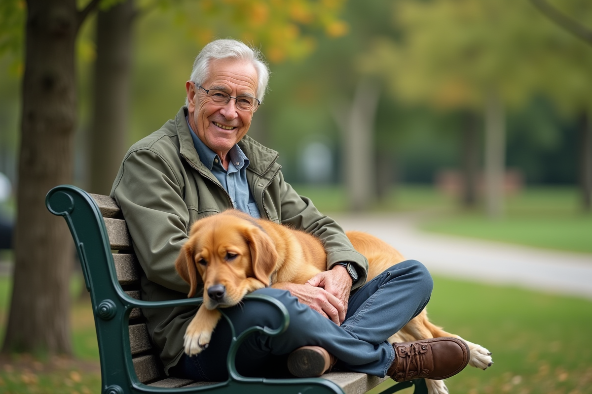 Homme âgé avec un chien dans un parc verdoyant