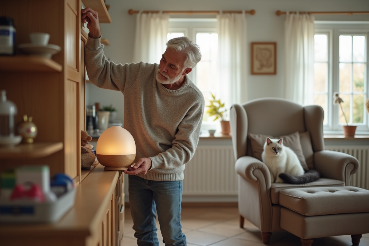 Homme senior posant un diffuseur pour chat dans une maison chaleureuse