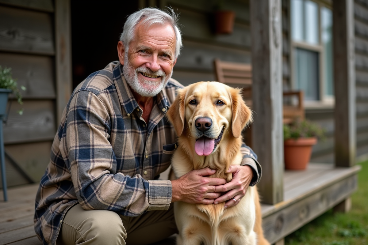 Homme âgé avec chien retriever sur une terrasse rurale