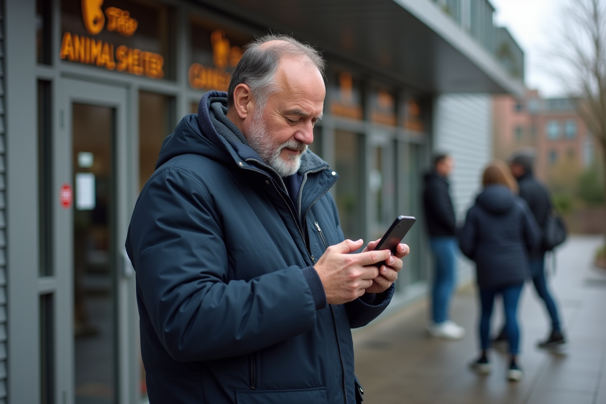 Homme envoyant un message devant un refuge animalier